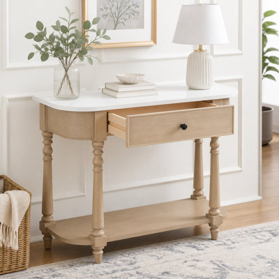 Narrow Console Table with Curved Corners, Drawer and Open Shelf