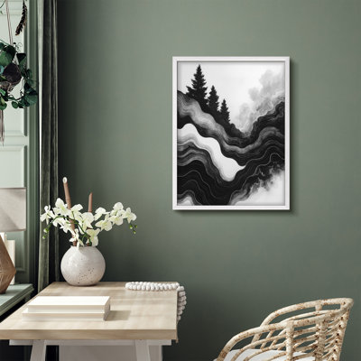 Paysage de montagne en noir et blanc, reproduction d'art encadrée - Silhouette d'arbre abstrait avec lavis à l'encre superposée