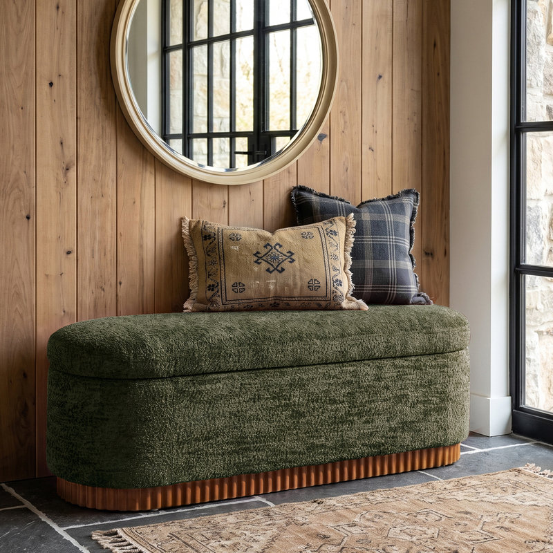 Banc d'entrée moderne en boucle, entièrement assemblé, avec plateau rabattable et rangement intégré, base en bois massif cannelée, largeur 147 cm (57,75 po).