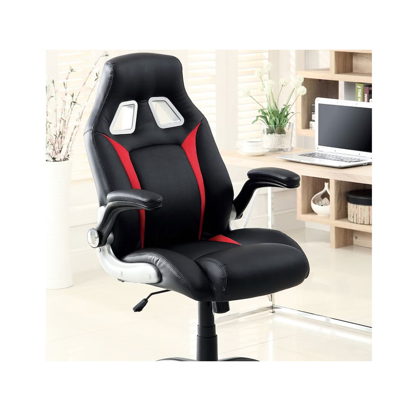 Élégante chaise de bureau - noir et rouge, hauteur de siège réglable, accents argentés, roulettes, cuir confortable rembourré, garniture, base en métal