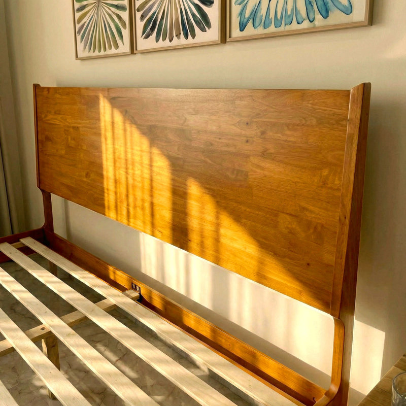 Solid Wood King Bed Frame with Headboard, 800lbs Capacity Scandinavian Platform Bed, Caramel Finish, Non-Slip and Noise-Free, No Box Spring Needed