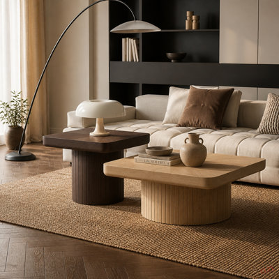 Modern Nesting Coffee Table Set, 2-Piece Coffee Table with Cylindrical & Fluted Pedestal, Minimalist Center Table & Side Table, Versatile Nesting Tables for Living Room