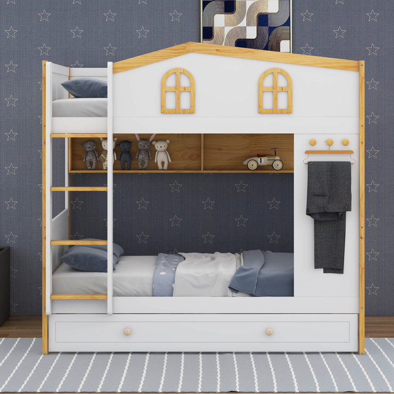 Lit superposé avec garde-corps en forme de maison et lit gigogne, lit superposé en bois avec tablettes de rangement