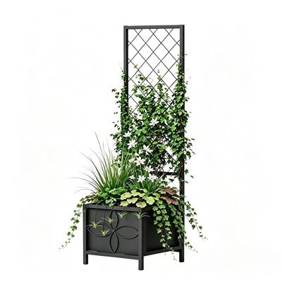 55" Tall Metal Raised Garden Bed With Trellis, 15.75x15.75 Inch Heavy Duty Planter Box For Climbing Plants, Includes Drainage Holes & Fabric Liner