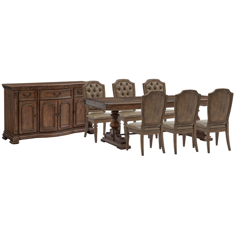 Extendable Trestle Dining Table With 6 Upholstered Side Chairs And Buffet, 8 Pieces: Table, 6 Chairs, Buffet
