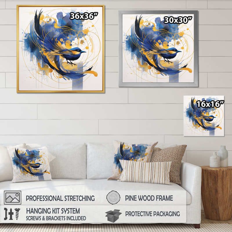 Bleu foncé et or, cercle abstrait, texture V, reproduction sur toile, Cadre simple noir, H 24 po x l 24 po x P 1 po
