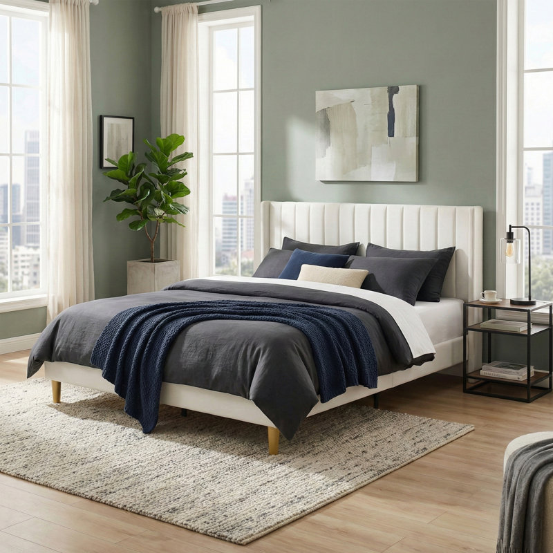 Deeb Vertical Channel Tufted Wingback Platform Bed, King, Cream Velvet