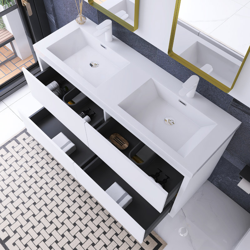60 po Meuble-lavabo autoportant à double cuve, Blanc lustré