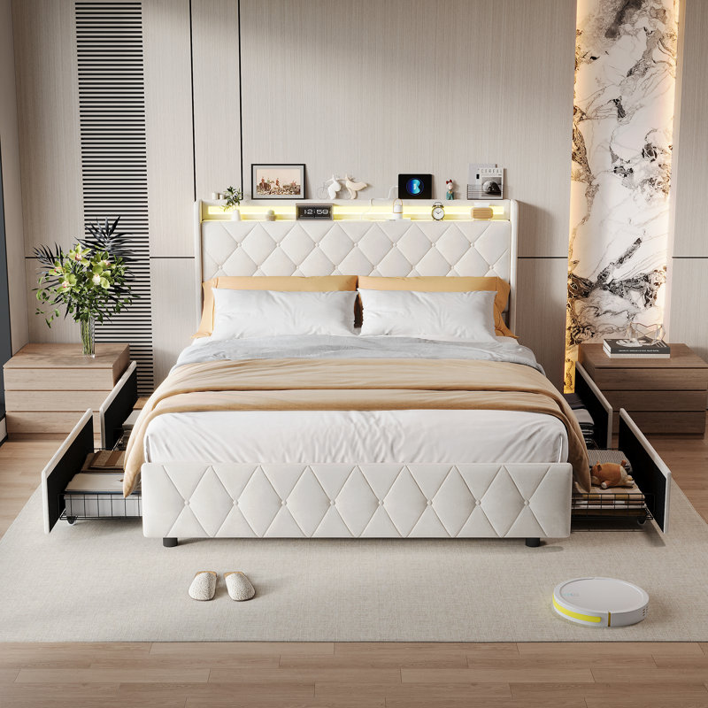 Upholstered Bed, European Double (140 x 200 cm), Beige