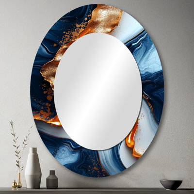 Abstrait géométrique en forme de marbre doré et bleu II - miroir mural moderne ovale doré