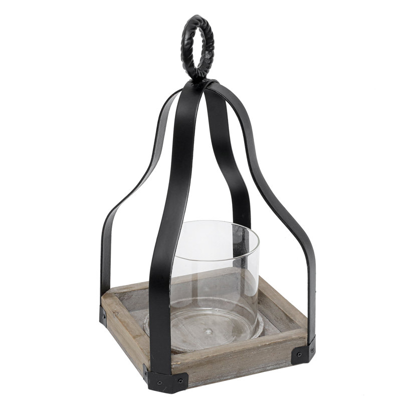 13" Rustic Wood And Metal Candle Lantern