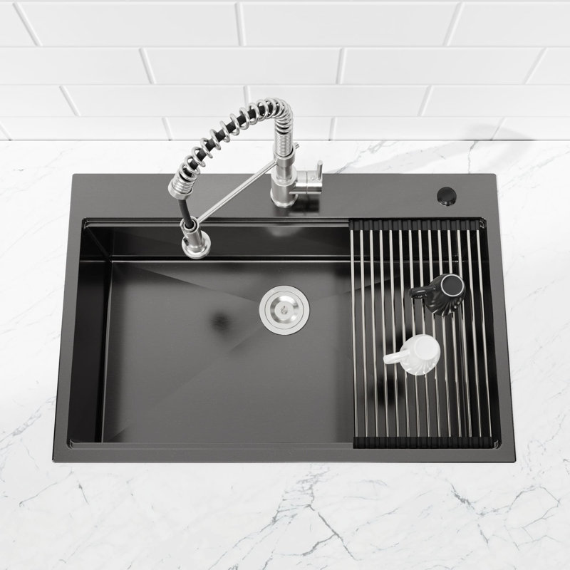 Drop In Kitchen Sink With Cutting Board Single Bowl Deep Workstation Sink Stainless Steel Overmount Kitchen Basin With Drain Strainer