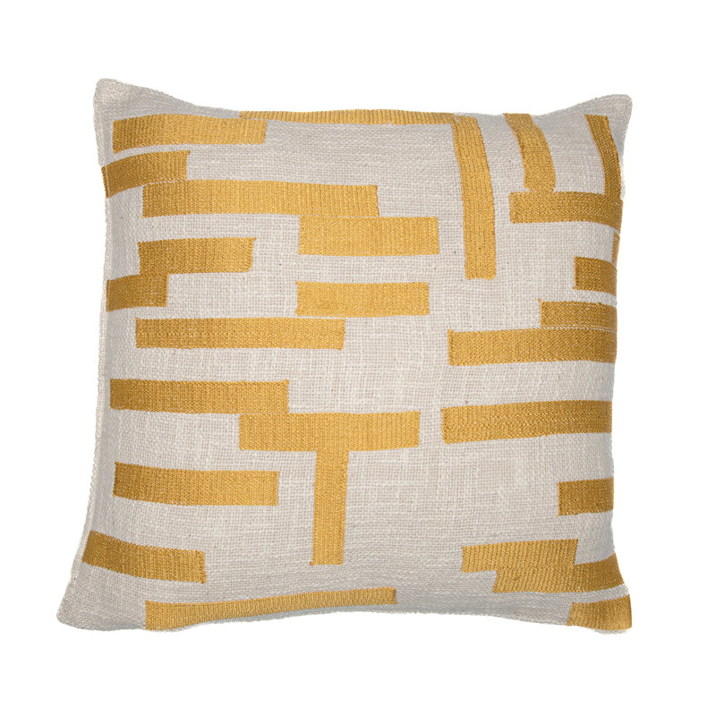 Housse de coussin en mélange de coton à formes géométriques brodées, 24 po x 24 po, Jaune / ivoire
