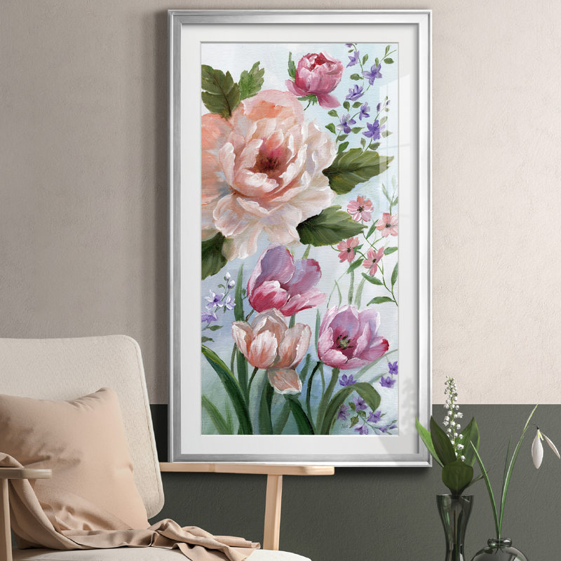 «Romantic Botanical I», reproduction d'art graphique sur papier encadré, Encadrement argenté