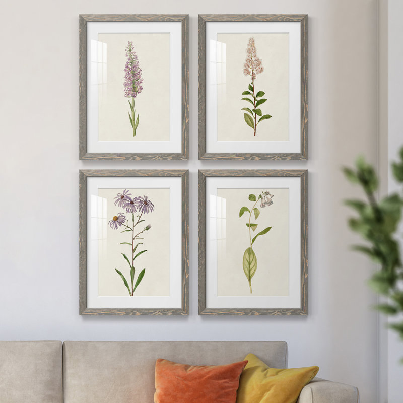 Mauve Garden Flowers I - ensemble de 4 peintures encadrées, H 43,5 po x l 31,5 po x P 1 po, Encadré gris