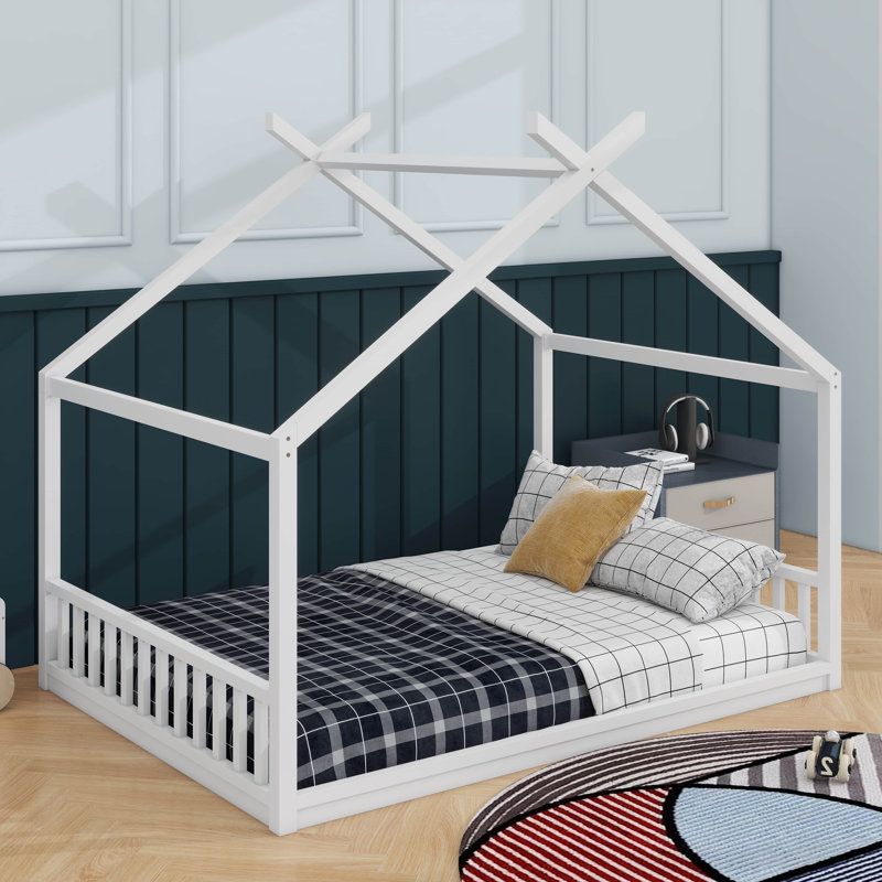 Lit de maison de style Montessori pour enfants, cadre de lit au sol avec tête et pied de lit, Double, Blanc