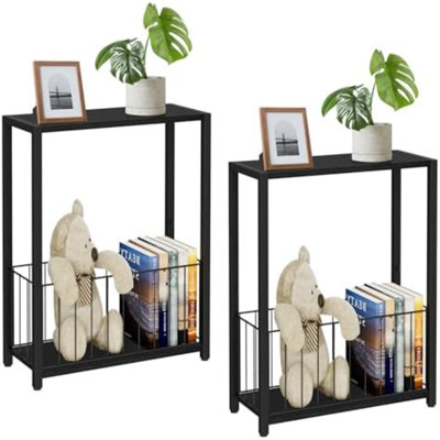 Ensemble de 2 tables d'appoint étroites avec porte-revues, tables de chevet minces | Conception peu encombrante, idéale pour les petits espaces, tablette de rangement, structure en métal, montage facile, 18 cm (P) x 43 cm (L) x 60 cm (H), noir