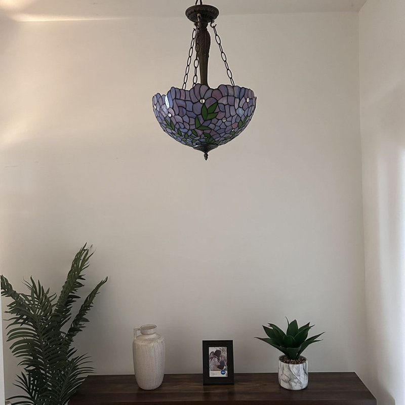 Olcay Tiffany Pendant Lights Stained Glass Green Leaves LED Bulbs Included 16" W*16"D*60" H, Purple/Green