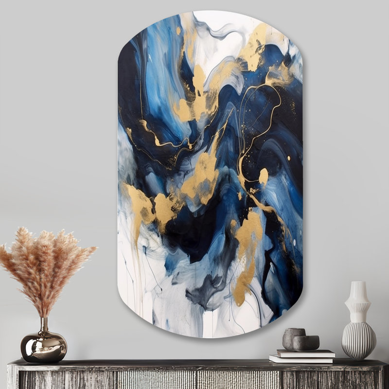 «Dark Blue and Gold Strokes», reproduction d'art mural en métal asymétrique, H 43 po x l 23 po x P 1 po