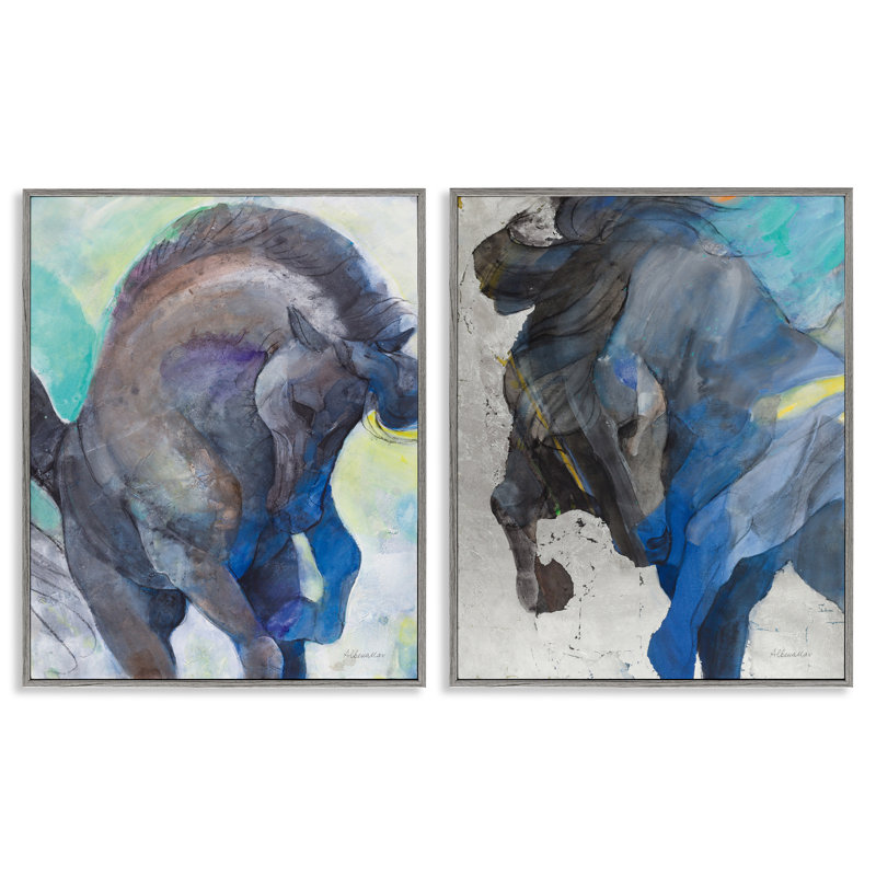 «Bucking Horse Joyful Play», ensemble de 2 giclées encadrées par Albena Hristova, H 14 po x l 11 po