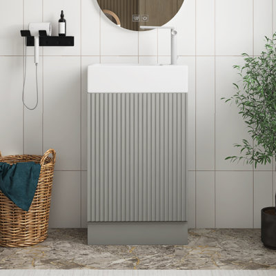 Meuble-lavabo gris 18,6 po avec lavabo, meuble-lavabo avec tablette à deux niveaux et porte-papier hygiénique, orienté à gauche ou à droite