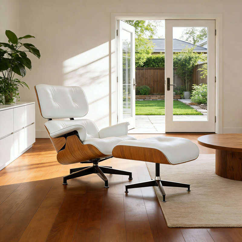 Leather Lounge Chair With Ottoman, Solid Wood Frame, Aluminum Alloy Base, Lightwood/White