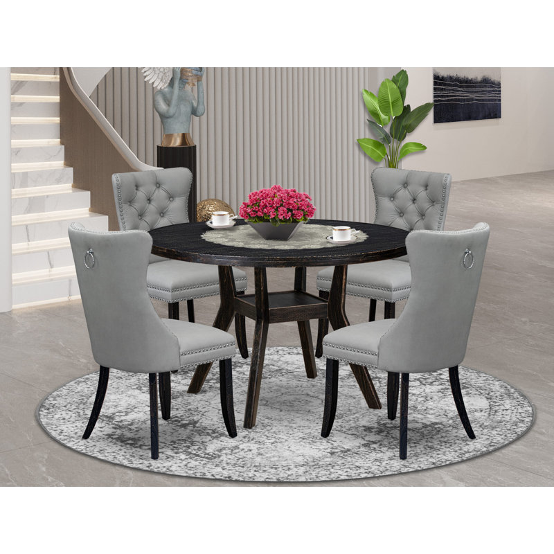 Ensemble de table de salle à manger 5 pièces comprenant une table ronde de 48 po avec piédestal et 4 chaises Parson en polyester gris clair, noir sablé