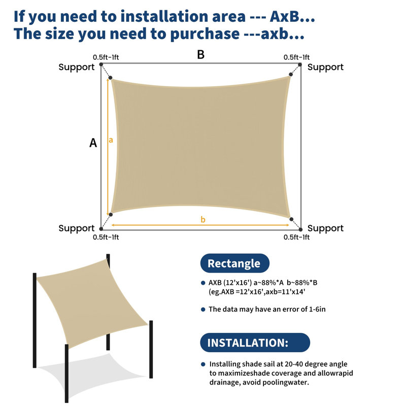 Heavy Duty UV Block Rectangular Sun Shade Sail Canopy – Outdoor Patio, Backyard & Garden Protection – 12x16FT – Sand Beige Color