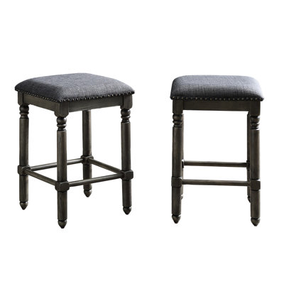 Of 2 Grey Counter Height Stools - Upholstered In Tan Fabric With Bronze Nailhead, Solid Rubber Wood And Plywood Build, Rustic Chic Look, 16"w X 16"d 24.95"h, Assembly Required Stool Seat Nailhead