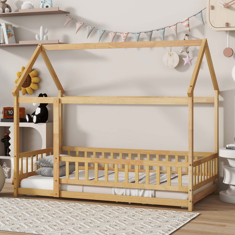 Natural Solid Wood Twin House Floor Bed With Roof Frame And Safety Guardrails, Natural, Twin