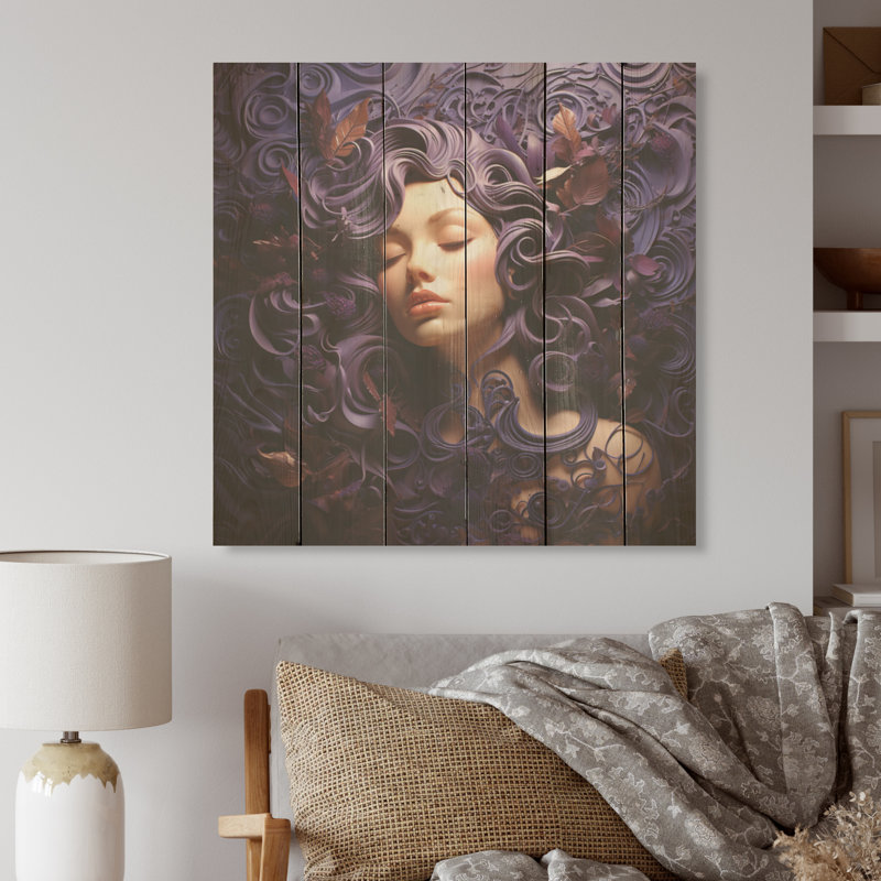 Woman Yoga Nidra In Purple - Yoga Wood Panel Wall Art On Natural Pine Wood, 25" H x 25" W