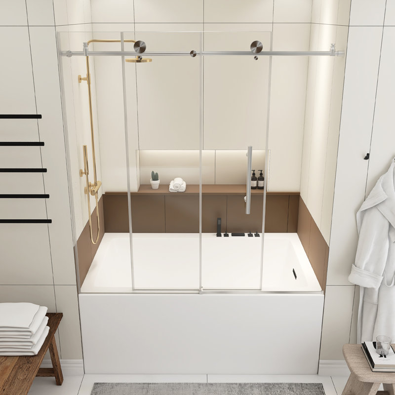 56-60.In W X 60.In H Frameless Shower Door Single Sliding,1/4 In Thick Clear Tempered Glass, Explosion Proof Film, Stainless Steel Handle,Brushed Nickel