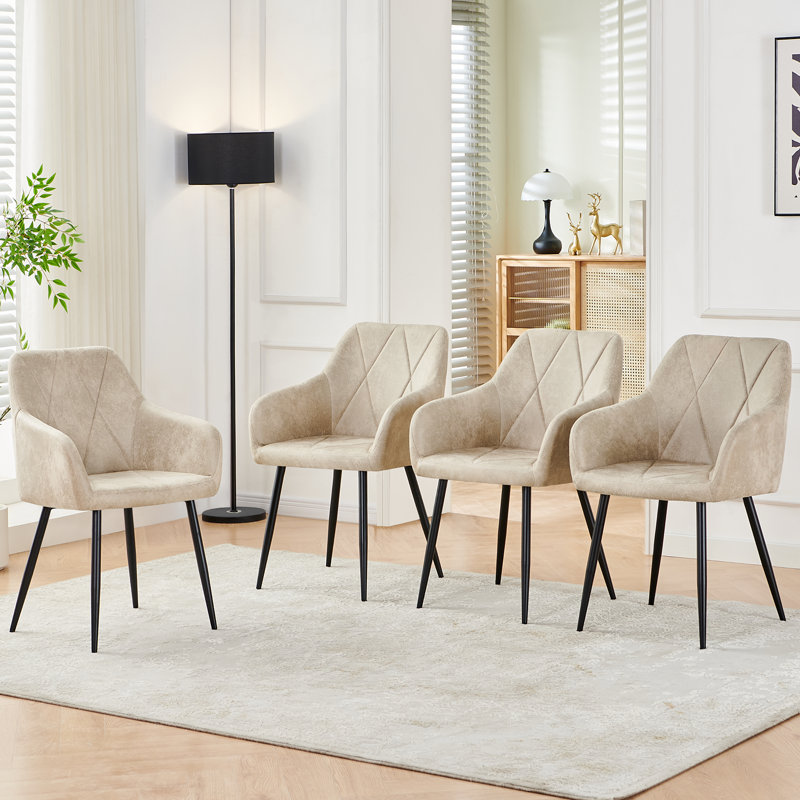 Suede Vintage Upholstered Arm Dining Chair Full Back, Beige, 2