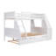 Lit simple superposé au dessus d'un lit double avec lit gigogne et bureau intégré, trois tiroirs de rangement et une tablette, blanc