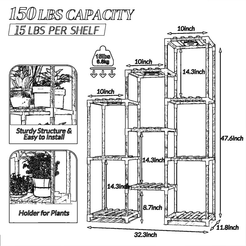 Support pour plante d'intérieur en bois à 4 niveaux avec lumière de croissance pour balcon, salon ou coin