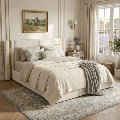 Linen Upholstered Platform Bed with Full-Slab Base & Hydraulic Lift Storage - Gold Accents