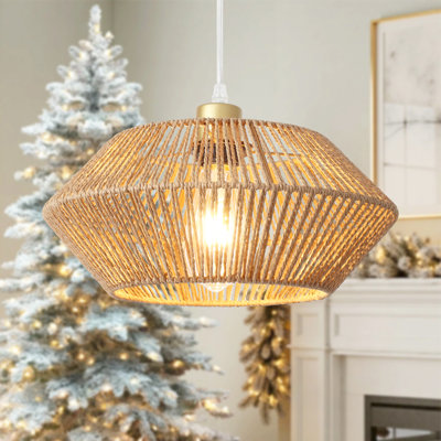 Nekoosa Aayanah 1 - Light 12.6" Dimmable Boho Hand Woven Rattan Bohemian Hemp Rope Pendant Lights with Hand-Worked Basket Shade for Bedroom Nursery Kitchen Hallway