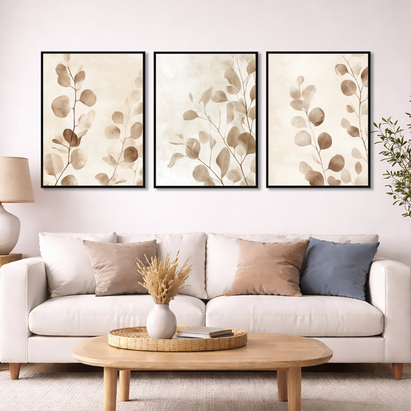 «Neutral Eucalyptus Calm - Taupe Eucalyptus», art mural encadré 3 pièces, H 32 po x l 72 po, Black Floater Framed