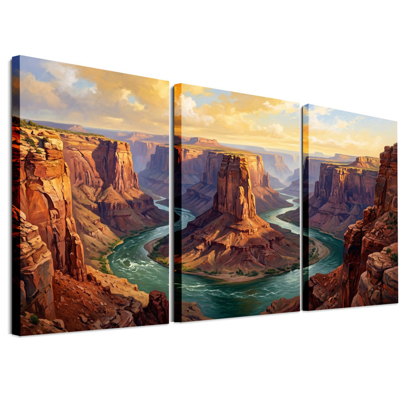 Ensemble de 3 toiles murales représentant une rivière sinueuse traversant un canyon de roches rouges au coucher du soleil