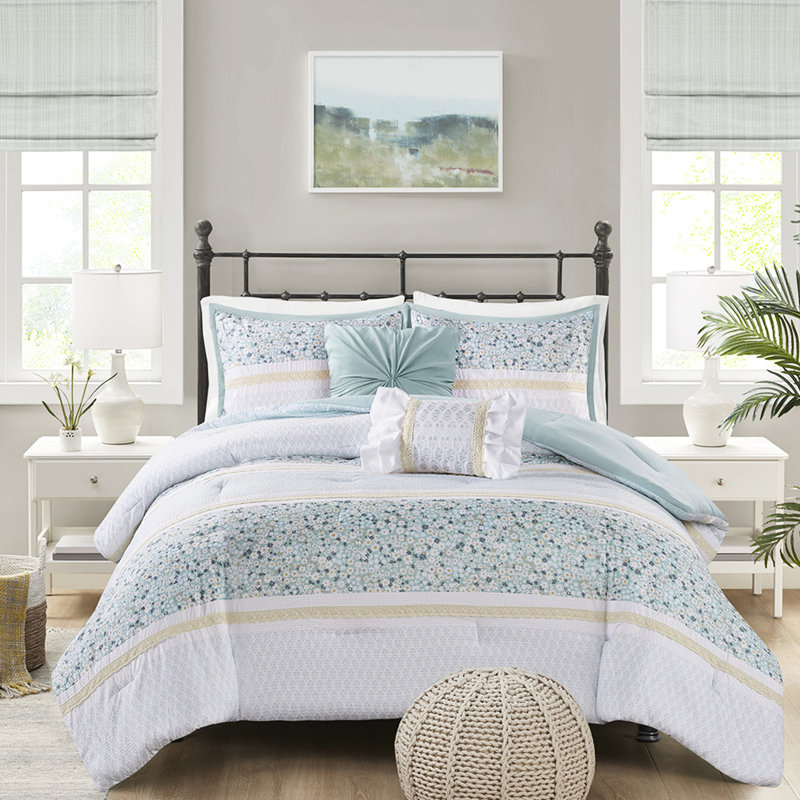 Édredon très grand / très grand avec coussins décoratifs à motif floral en seersucker bleu jaune et blanc 5 pièces
