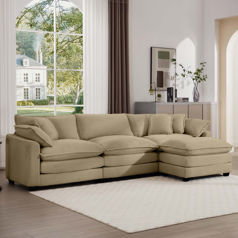 Canapé en velours côtelé avec 1 repose-pieds, H 33,85 po x l 114,56 po x P 57,08 po, Velours côtelé brun clair
