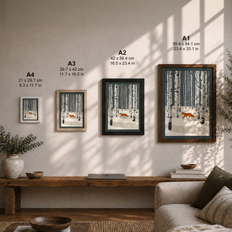Fox Through Winter Forest Scandinavian - Framed Print, A2 - 59.4 x 42.0 cm, Oak