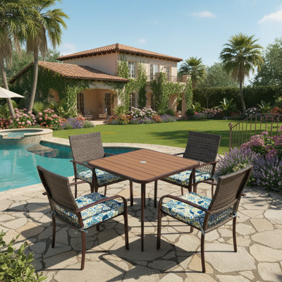 5 Pcs Patio Dining Set, Outdoor Dining Table Set with Square Wood-Plastic Tabletop, Umbrella Hole, 4 Woven Rattan Armchairs, Floral Cushions for Yard, Garden, Poolside, Porch