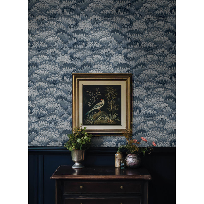 Octavia Dark Green Marbled Ink Wallpaper, Blue