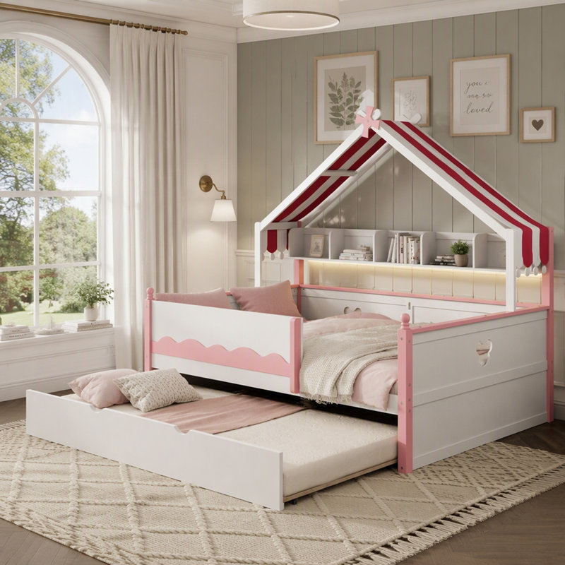 Lit de jour en bois en forme de maison avec bibliothèque intégrée, Lit double, Rose blanc