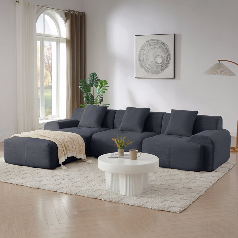 Canapé modulaire en forme de L de 113 po pour salon, revêtement en velours côtelé gris foncé, canapé surdimensionné à 3 places avec siège profond et repose-pieds mobile