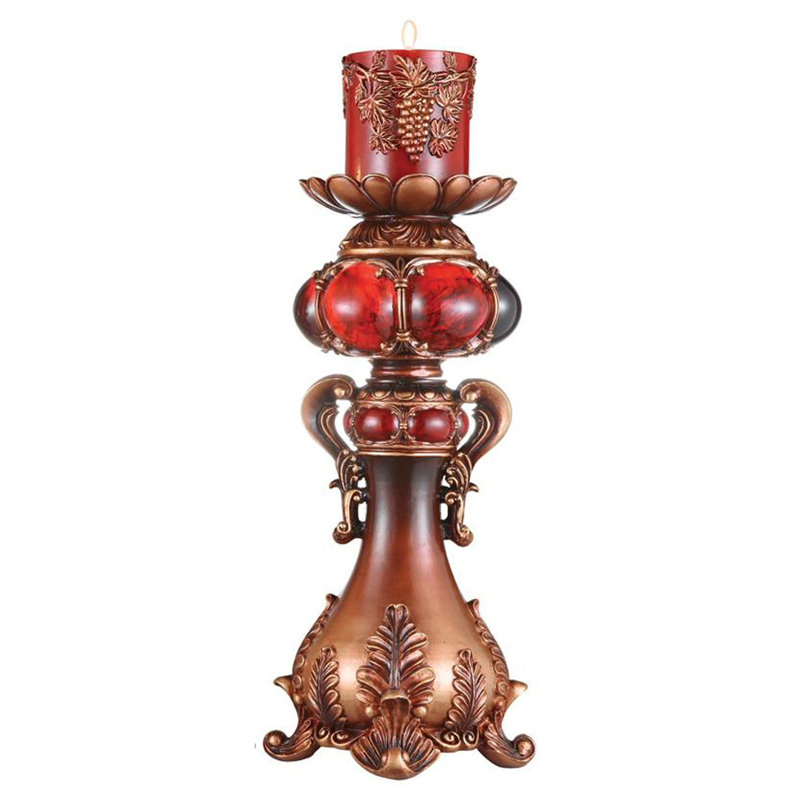 20" Brown And Red Faux Marble Tabletop Candle Holder And Candle