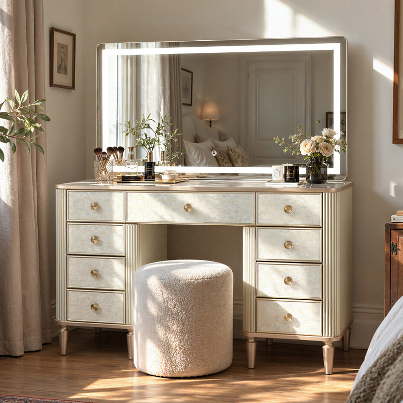 Coiffeuse de 130 cm de large avec miroir lumineux, 9 tiroirs et rangement pour bijoux, crème et or