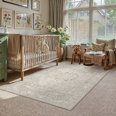 Vintage Distressed Medallion Washable Area Rug with Non-Slip Backing