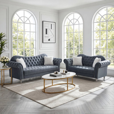 2-Piece Crystal Diamond Inlay Chesterfield Sofa Set, Grey